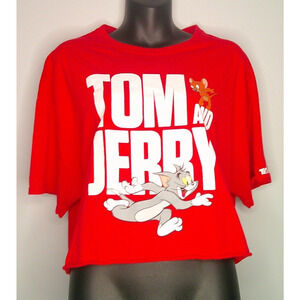 Tom & Jerry Cartoon Women's XL Red Cropped Graphic T-Shirt